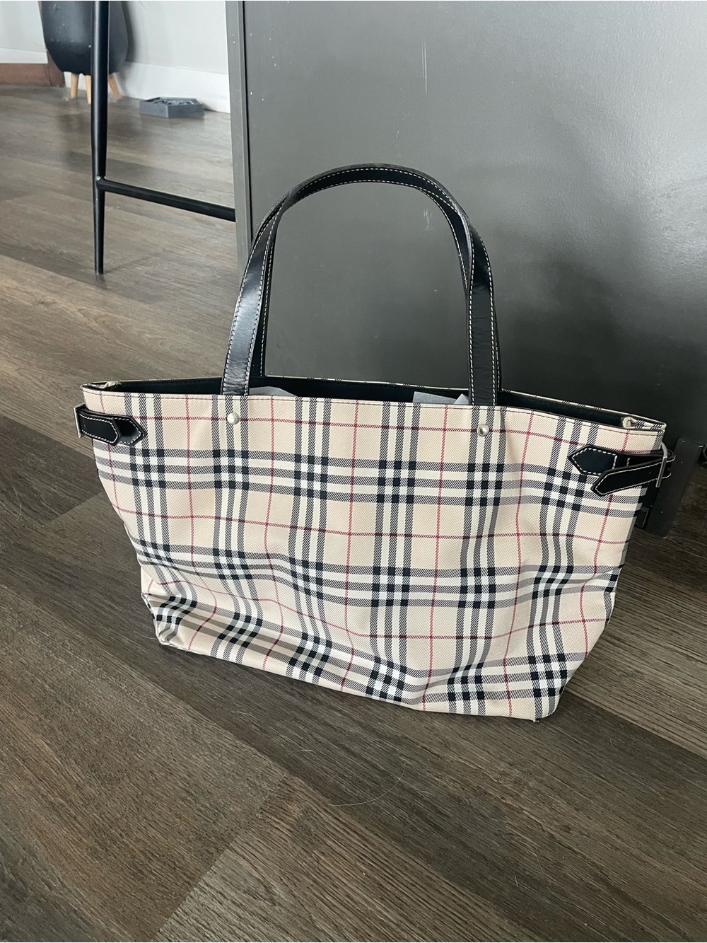 Classic Burberry Plaid Tote Bag in Beige with Black Trim
